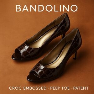 Bandolino Brown Croc Embossed Peep Toe Heels 5.5 | Faux Alligator Print | Retro